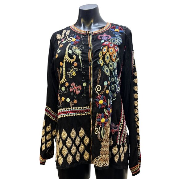 NWT Johnny Was Embroidered Blouse Black Multi Size M - Picture 1 of 8